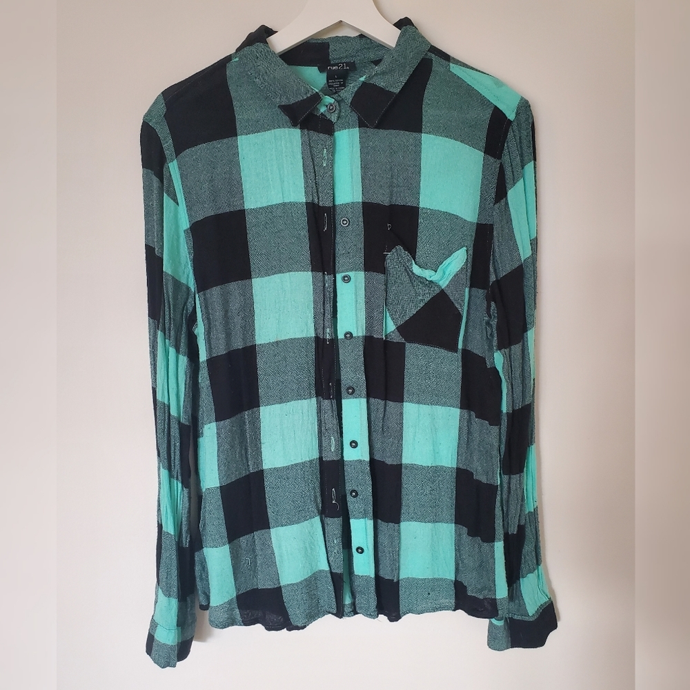 Rue 21 Teal & Black Plaid Long Sleeve Shirt- L